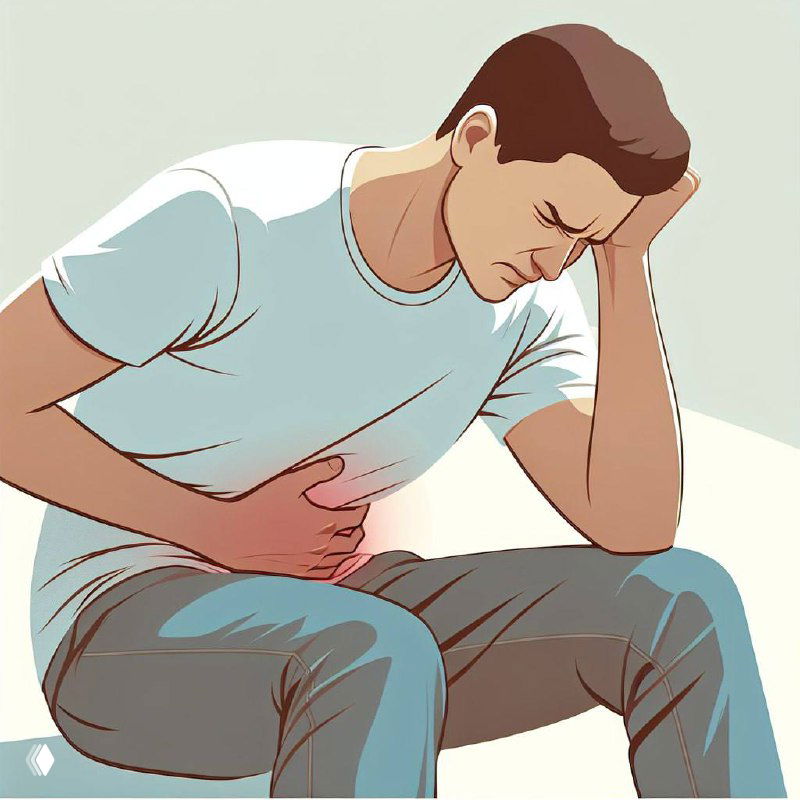 Иллюстрация: мужчина держится за живот, испытывает болевые ощущения и дискомфорт при диарее — изображение к статье о рисках приёма лоперамида