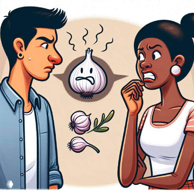 Иллюстрация: мужчина и женщина ощущают сильный запах чеснока между ними; комическая визуализация источника неприятного запаха и галитоза