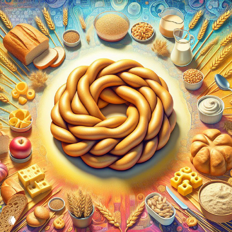 Иллюстрация: плетёная булка в центре, вокруг — хлебобулочные изделия, зерна и молочные продукты, символ глютена.