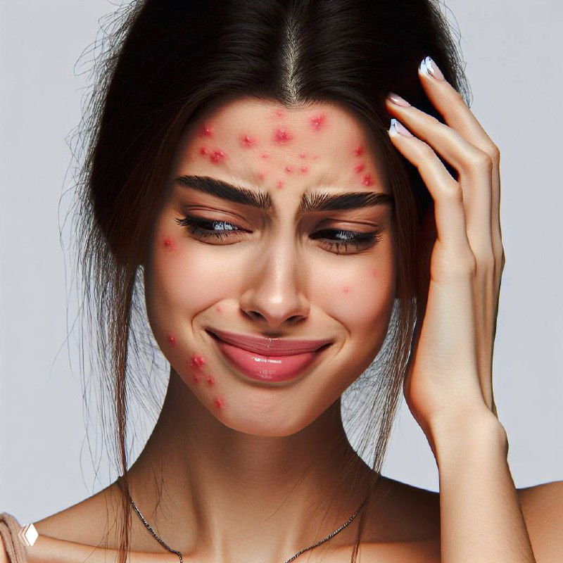 Фотография женщины с выраженными воспалительными высыпаниями на лице — акне или сыпь, иллюстрация кожных проявлений, обсуждаемых в посте