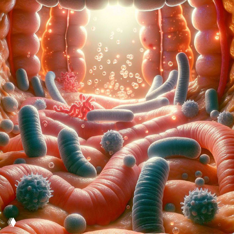 Иллюстрация микробов и бактерий в просвете кишечника, крупный план с визуальным акцентом на микрофлору и газообразование
