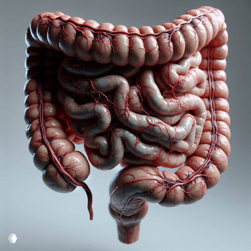 Фотореалистичное изображение толстой и тонкой кишки с видимыми кровеносными сосудами — анатомическая модель кишечника