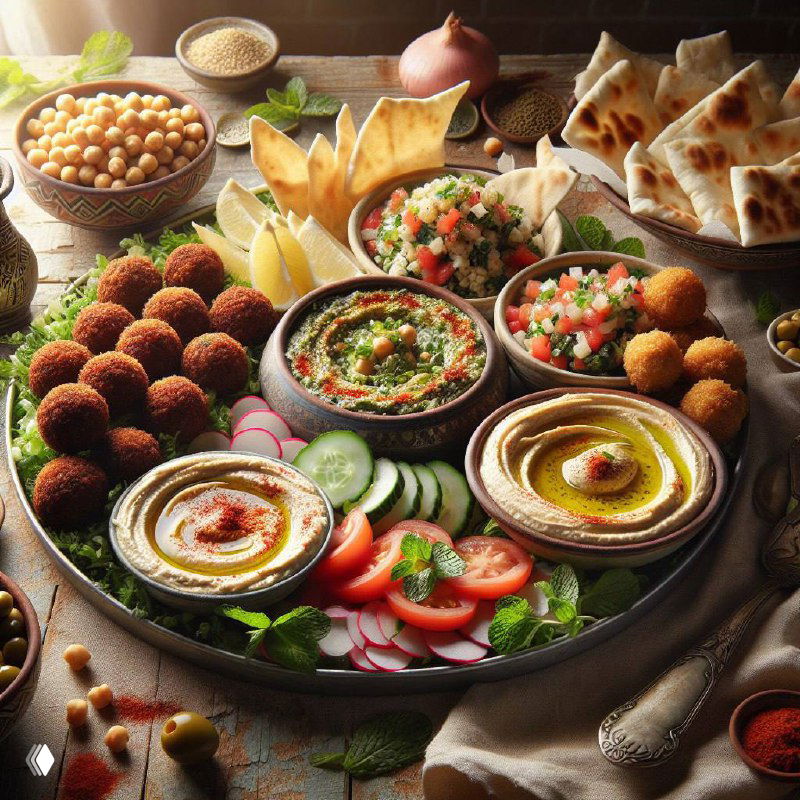 Тарелка с блюдами средиземноморской кухни: хумус, бабагануш, фалафель, свежие овощи, зелень и оливковое масло на столе.