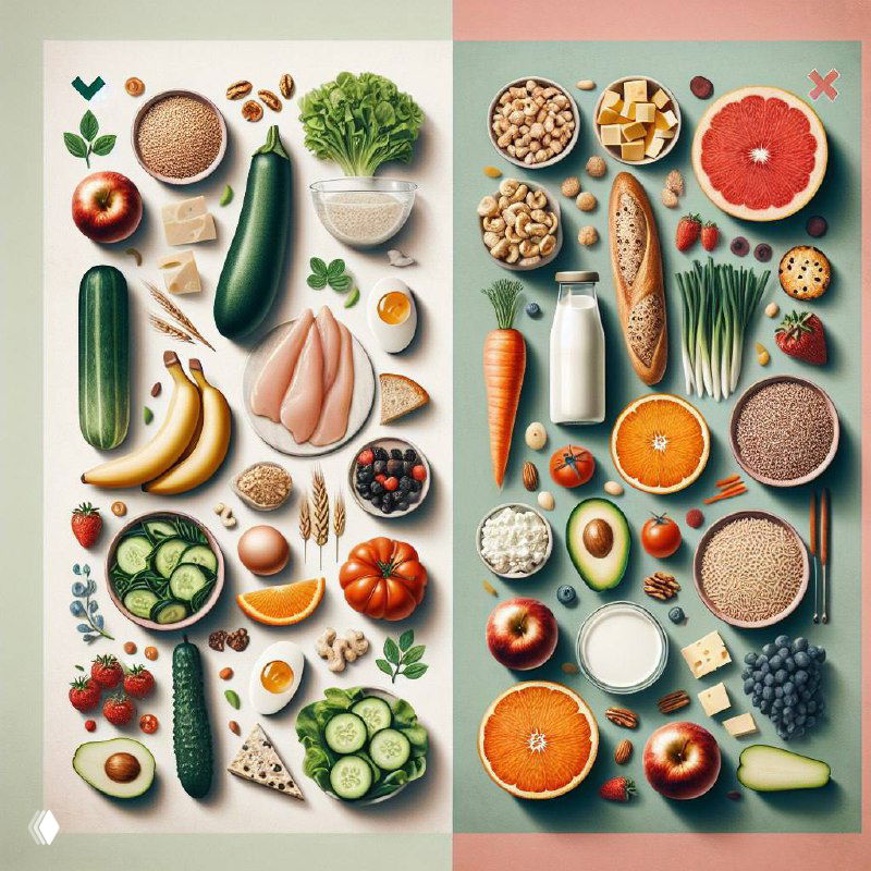 Коллаж с продуктами питания: овощи, фрукты, крупы, молочные и мясные продукты, наглядная иллюстрация ассортимента для диет и питания.