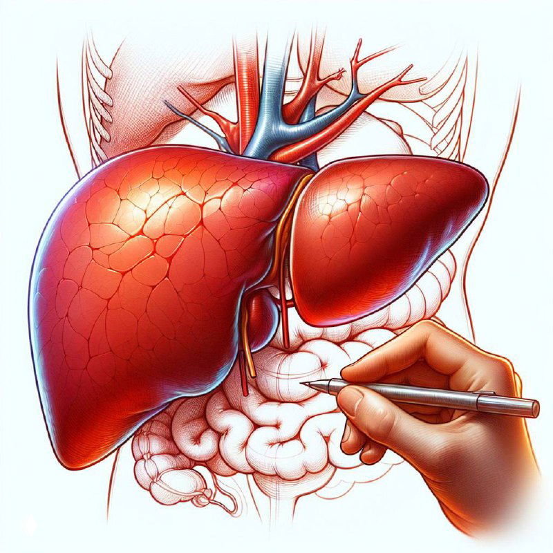 Медицинская иллюстрация печени и органов брюшной полости с указкой врача — анатомия печени в контексте диагностики фиброза и цирроза.