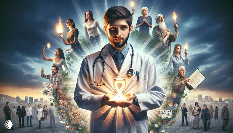Иллюстрация: врач в белом халате держит светящийся символ сердца на фоне людей и лучей света — символ заботы о здоровье.
