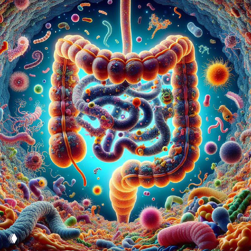 Иллюстрация микробиома: стилизованный кишечник в центре и разноцветные микробы вокруг, символизирующие разнообразие кишечной микрофлоры и микробиоты.