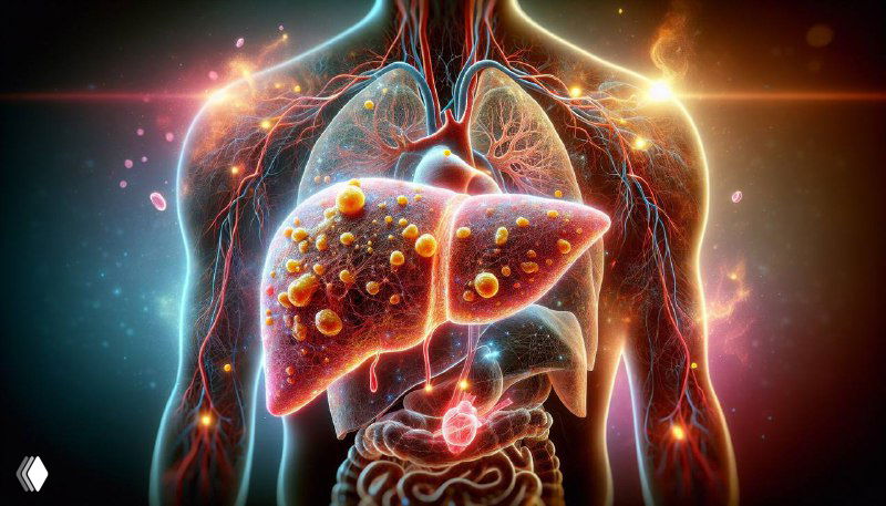 Медицинская иллюстрация печени с визуализацией жировых отложений и участков воспаления внутри торса, символизирующая риски и прогрессирование НАЖБП.