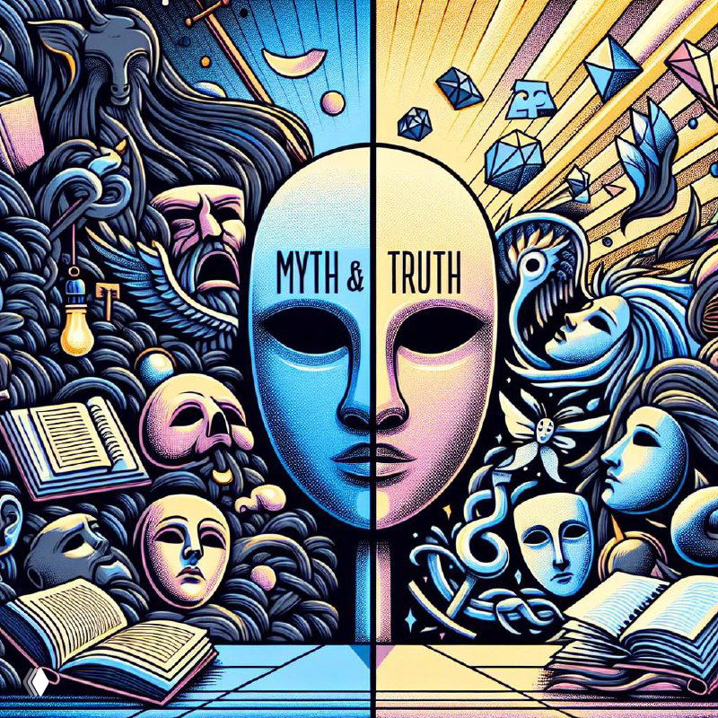 Иллюстрация «Myth & Truth»: маска в центре, слева тёмные образы мифов, справа — светлые символы истины и геометрия.
