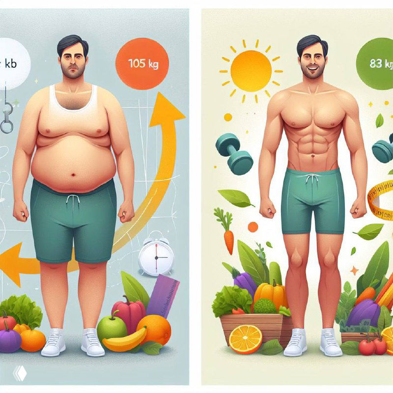 Иллюстрация «до и после»: слева мужчина с избыточным весом, справа подтянутый после похудения; фрукты и спортивные предметы вокруг.