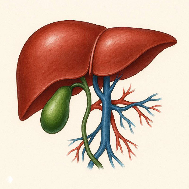 Медицинская иллюстрация: стилизованная анатомия печени и желчного пузыря на светлом фоне, крупный план для наглядности расположения органов.
