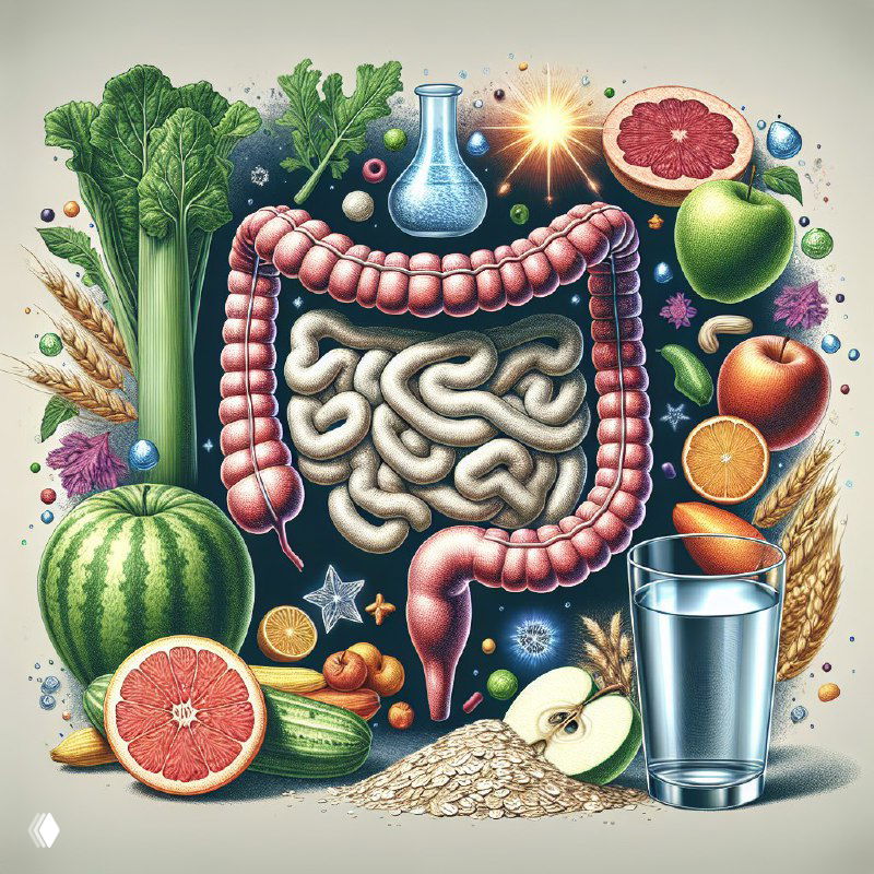 Иллюстрация кишечника в окружении фруктов, овощей и стакана воды, символизирующая здоровье микробиоты и питание.