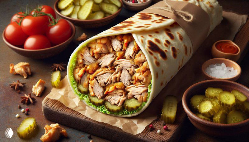 Сирийская шаурма в тонком лаваше с нарезанным мясом, маринованными огурцами, соусом и специями на деревянной доске рядом томаты