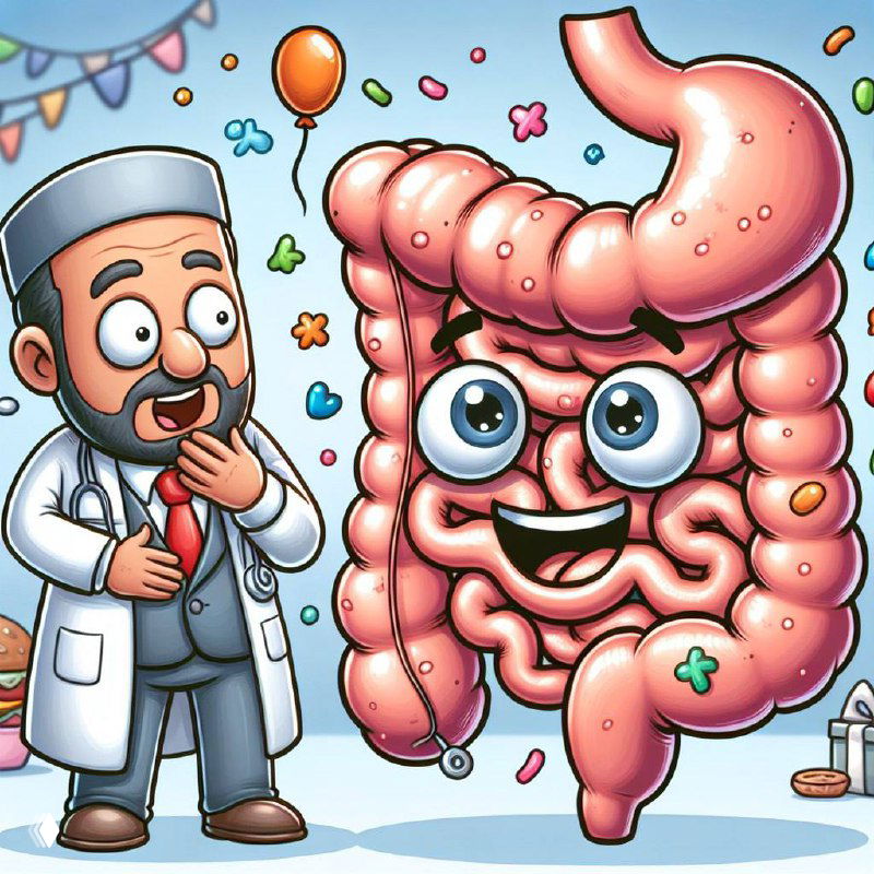 Доктор в белом халате смотрит на карикатурный улыбающийся кишечник на праздничном фоне — медицинская иллюстрация.