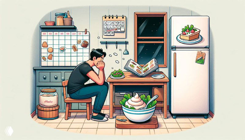 Иллюстрация: мужчина у кухонного стола, задумчиво смотрит на еду; на фоне холодильник, салат и выпечка — выбора вкуса и эмоций.