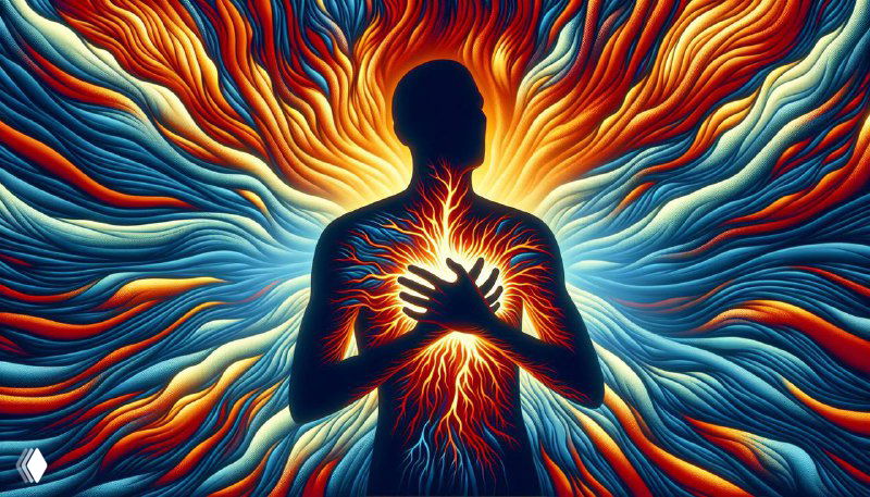 Яркая абстрактная иллюстрация: силуэт человека в центре с разноцветными энергопотоками, художественно символизирующая внутренние ощущения и состояние.