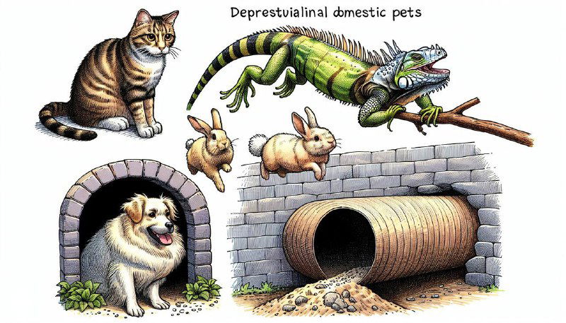 Иллюстрация разных домашних животных — кошка, собака, кролики и ящерица на нейтральном фоне; наглядный образ питомцев в контексте риска паразитов