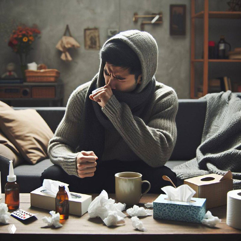 Мужчина на диване сильно кашляет, вокруг использованные платки и лекарства — иллюстрация хронического кашля и простудных симптомов в домашних условиях.