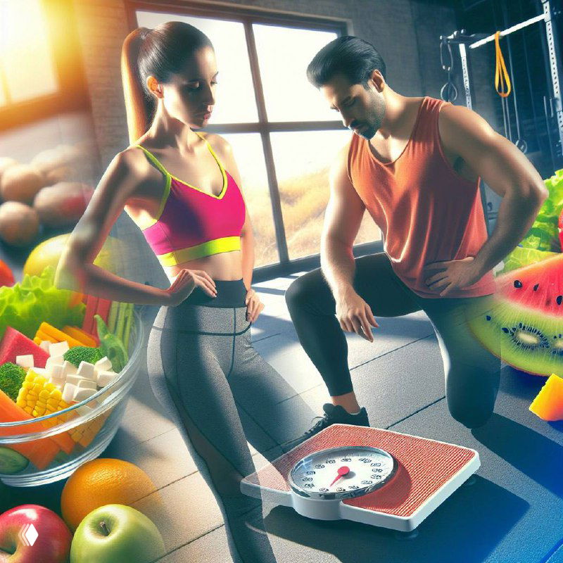 В спортзале мужчина и женщина рядом с весами и велосипедом; на столе фрукты и салат как символы здорового питания.