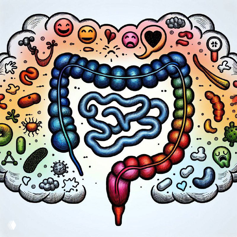 Иллюстрация кишечника и микробиоты: схематичное изображение толстой и тонкой кишки на фоне бактерий и эмодзи, отражающих влияние на настроение.