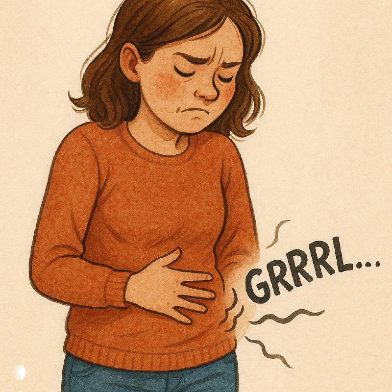 Иллюстрация: женщина держится за живот, выражение дискомфорта и звук «GRRRL», символизирующий бурчание, газообразование и вздутие.