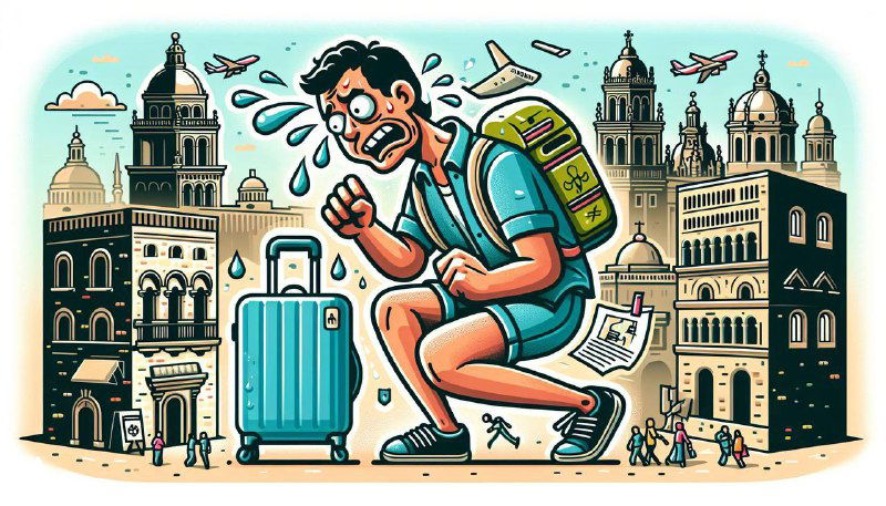 Иллюстрация: испуганный путешественник с чемоданом и рюкзаком на фоне городских зданий и самолётов — тревога из‑за кишечных проблем в дороге