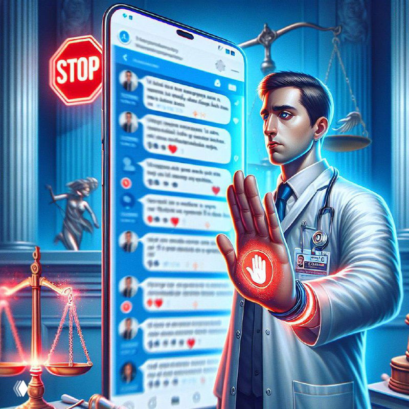 Иллюстрация: врач делает жест «стоп» перед экраном с сообщениями; на заднем плане весы правосудия и знак STOP — символ ограничения советов в комментариях.