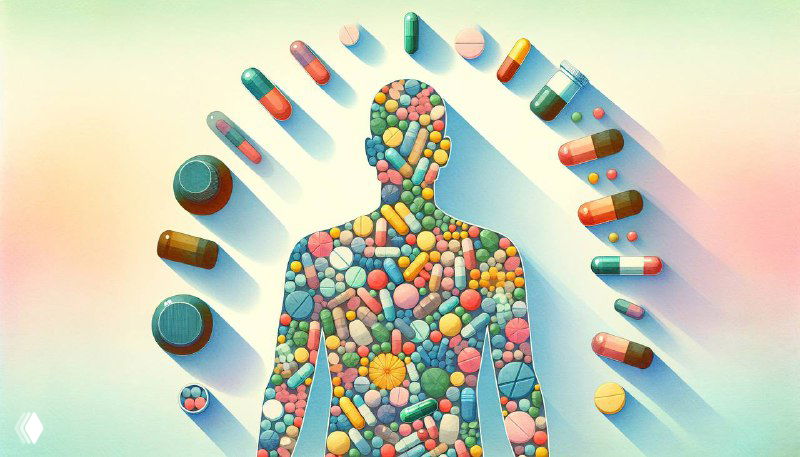 Иллюстрация: силуэт человека, составленный из множества таблеток и капсул на светлом фоне, символ приёма БАДов и смешивания добавок.