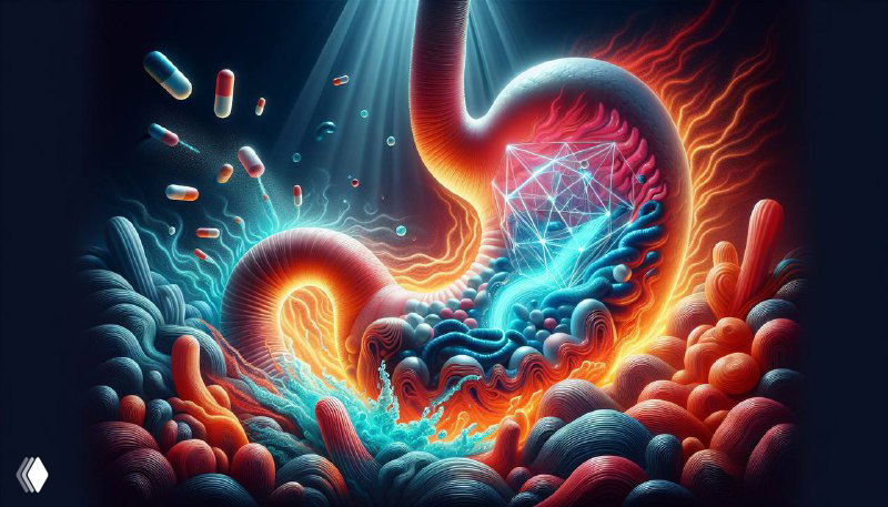 Стилизованное изображение желудка с таблетками и визуальными эффектами кислоты, символизирующее обсуждение ИПП и возможного риска для желудка.