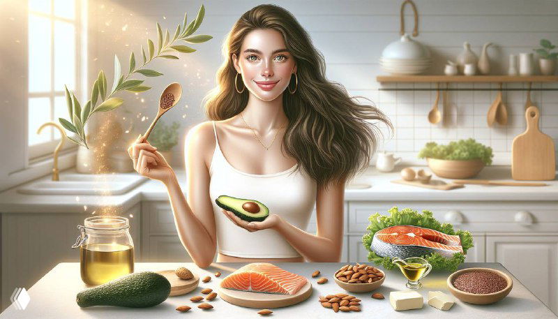 Иллюстрация: женщина на кухне с тарелкой и продуктами, богатыми полезными жирами — авокадо, лосось, орехи и оливковое масло