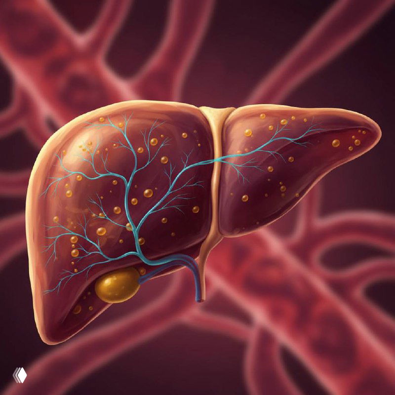 Иллюстрация печени с мелкими жировыми отложениями и видимой сосудистой сетью, медицинская визуализация для поста о неалкогольной жировой болезни печени.