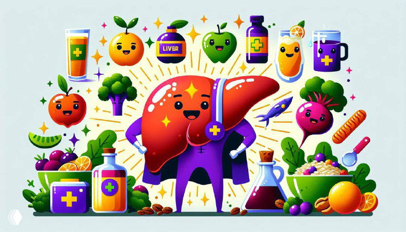 Иллюстрация: мультяшная улыбающаяся печень в окружении полезных продуктов — рыба, овощи, фрукты, орехи и масла; символ здоровья.