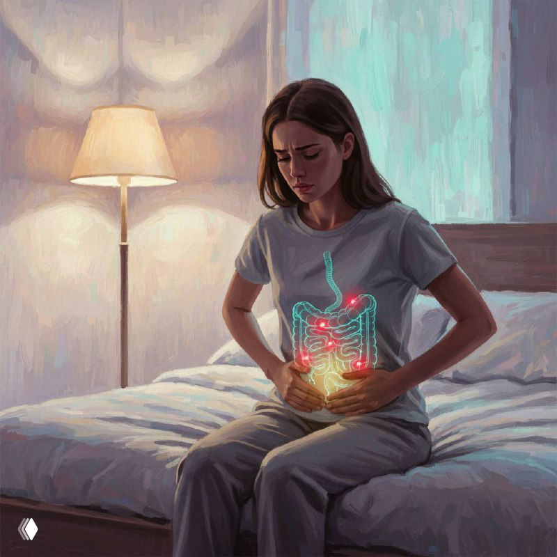 Женщина на кровати, держится за живот; художественная иллюстрация с подсветкой кишечника, символизирующая боль и дискомфорт при проблемах с ЖКТ.