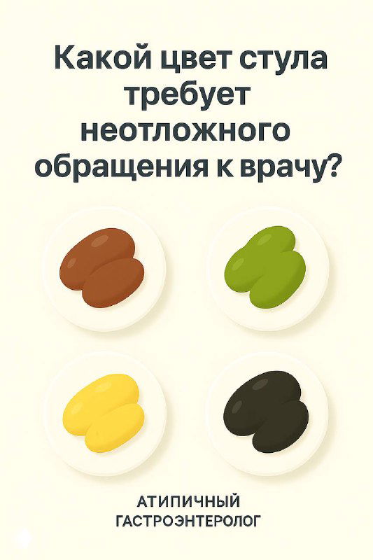 Иллюстрация с четырьмя образцами стула разного цвета — коричневый, зелёный, светло‑жёлтый и чёрный дегтеобразный — используется в опросе врача-гастроэнтеролога.