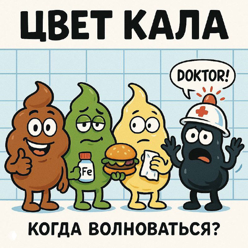 Карикатурная картинка: четыре «персонажа» в виде кала разных оттенков (коричневый, зелёный, жёлтый, чёрный) и врач в шапочке, подпись «ЦВЕТ КАЛА».