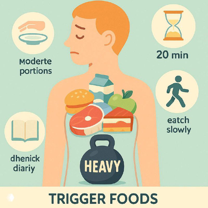 Иллюстрация: схематичное тело с продуктами (хлеб, мясо, торт, фрукты) и пиктограммами «20 мин» и «умеренные порции», инфографика о триггерах питания.