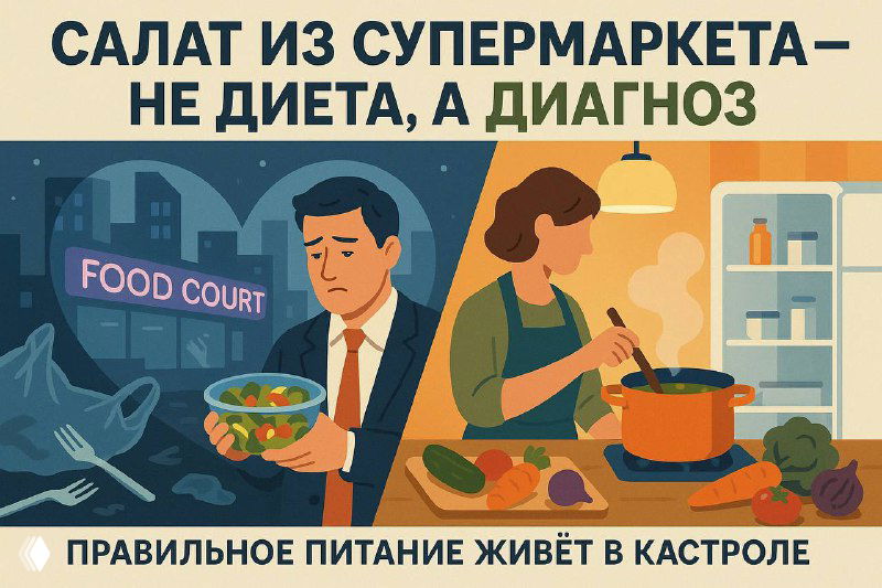 Иллюстрация: мужчина с салатом из фуд-корта рядом с вывеской «Food court» и женщина, готовящая еду дома у плиты — контраст покупной и домашней пищи.