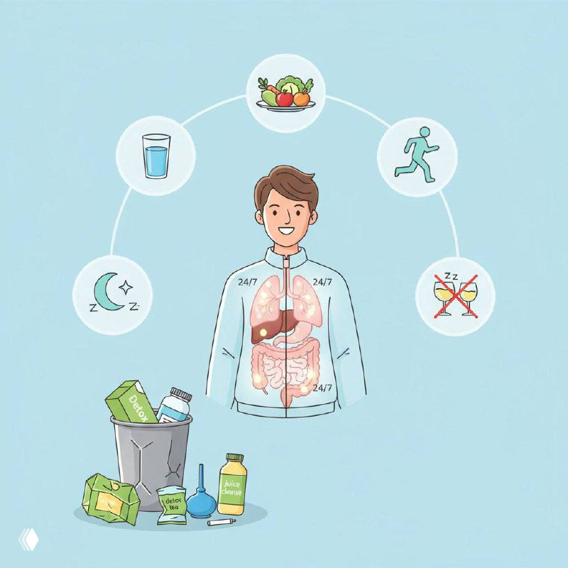 Иллюстрация: торс с изображёнными органами ЖКТ, вокруг значки воды, питания, спорта, сна и отброшенных «детокс»-продуктов.