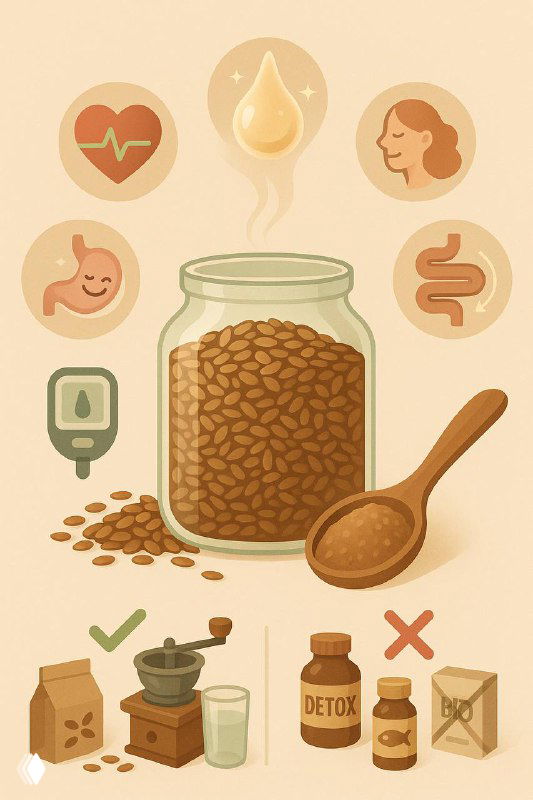 Иллюстрация: банка с льняным семенем и ложкой, вокруг иконки сердца, масла, пищеварения и предостережений.