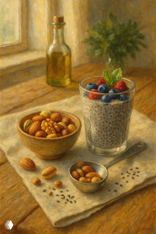 Пудинг из семян чиа в прозрачном стакане с ягодами, рядом миска с орехами и ложка на столе — натюрморт, иллюстрация подачи и продукта.