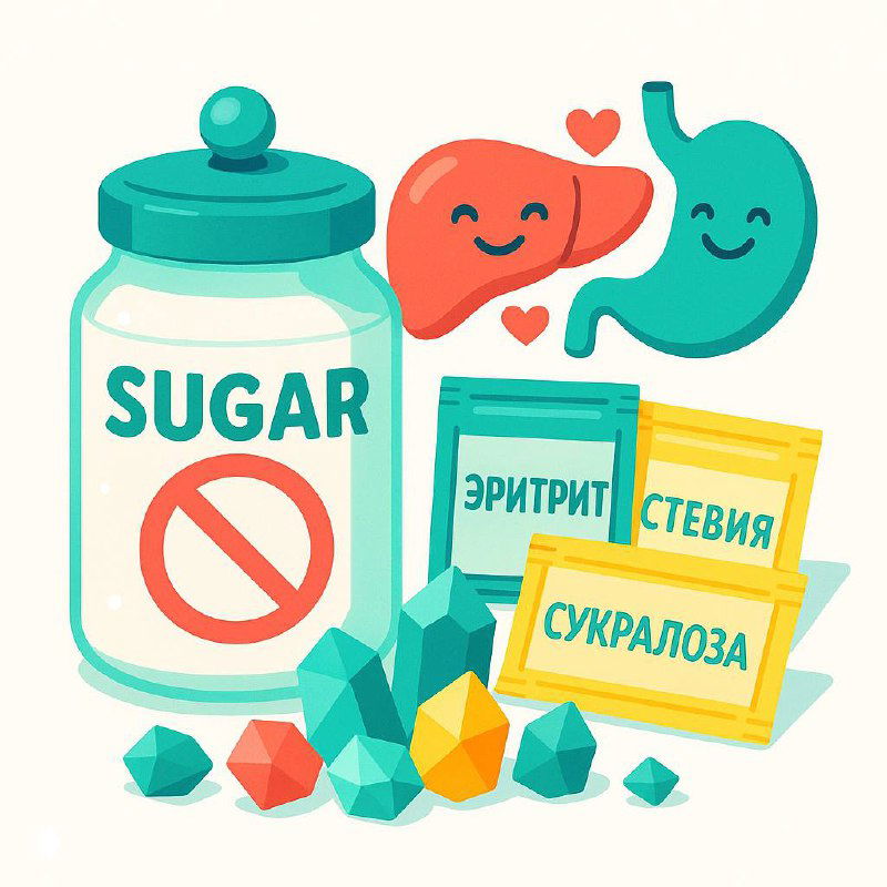 Иллюстрация: улыбающиеся печень и желудок рядом с банкой «SUGAR» с перечёркнутым знаком, пакетиками «эритрит», «стевия», «сукралоза» и кристаллами подсластителя.