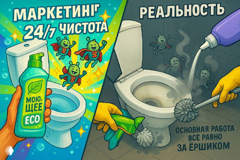Разделённая карикатура: слева яркая упаковка моющего с пробиотиками и мультяшные бактерии, справа — реальность с ёршиком у унитаза.