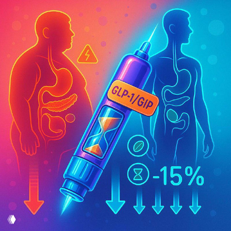 Иллюстрация: шприц с маркировкой GLP‑1/GIP на фоне силуэтов «до» и «после», стрелки вниз и «−15%» как символ потери веса.