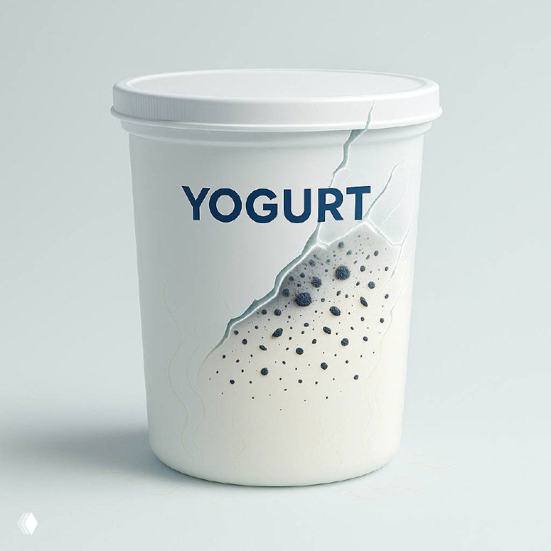 Стакан йогурта с надписью YOGURT на светлом фоне; крупный план контейнера с трещиной и неоднородной текстурой продукта.