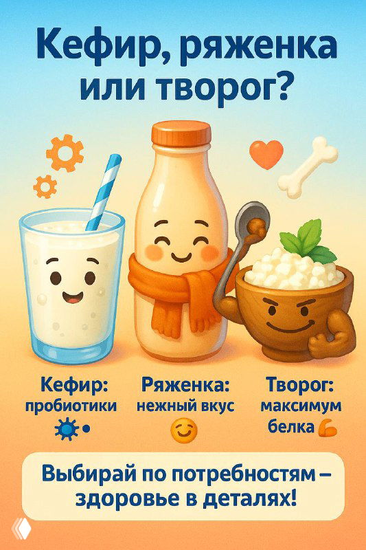Иллюстрация: мультяшные персонажи – стакан кефира, бутылка ряженки и миска творога с улыбками и подписью «Кефир, ряженка или творог?», дружелюбный стиль.