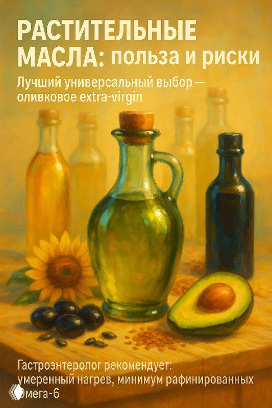 Бутылки растительных масел на столе, авокадо, оливки и подсолнух — иллюстрация сравнения масел для кулинарии и здоровья.