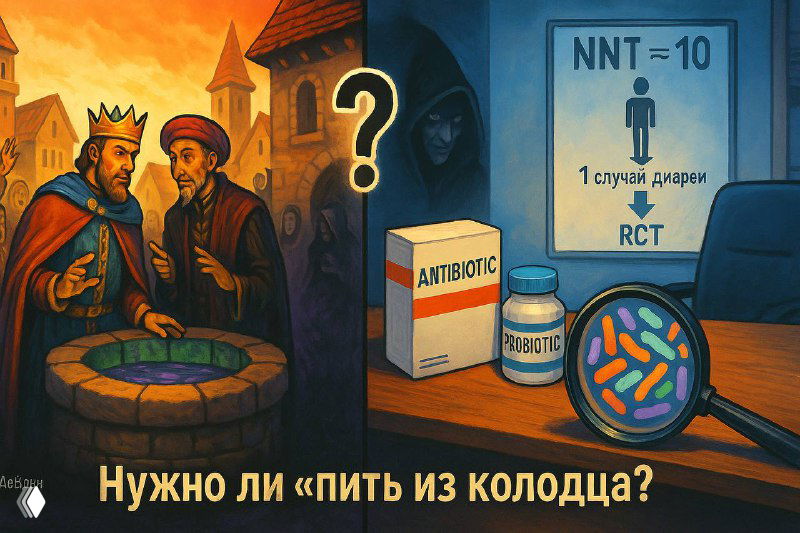Иллюстрация: притча — король и визирь у колодца; справа коробка с надписью «antibiotic», лупа над пробиотиками, NNT.