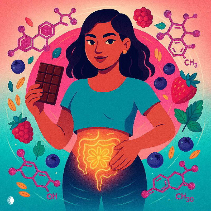 Иллюстрация: женщина держит плитку шоколада, выделен живот с подсветкой кишечника; вокруг ягоды и химические формулы, символизирующие гормоны и питание.