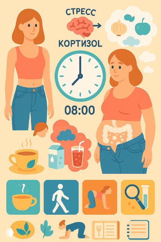 Иллюстрация: женщина с вздутым и нормальным животом, часы, продукты и значки дыхания/ходьбы — причины и приёмы при вздутии