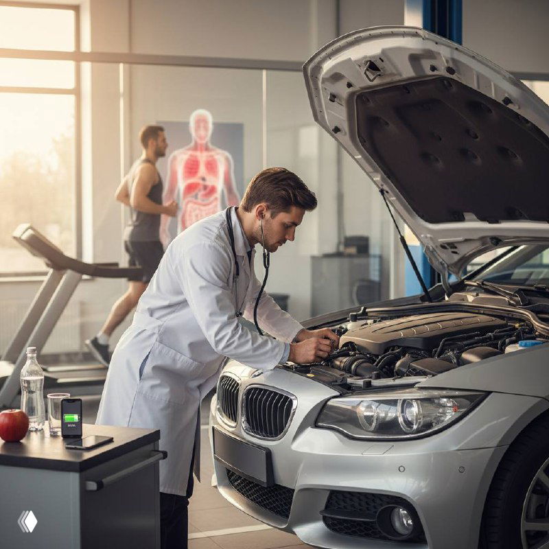 Врач в белом халате проверяет мотор автомобиля стетоскопом в кабинете; на заднем плане тренажёр и схема желудка.